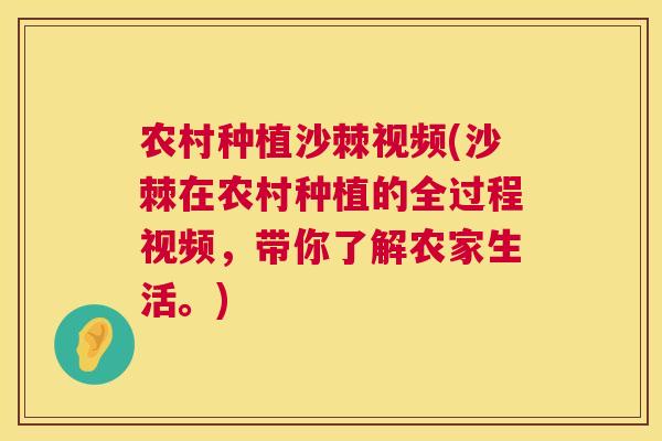 农村种植沙棘视频(沙棘在农村种植的全过程视频，带你了解农家生活。)